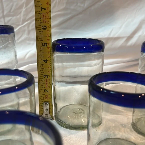 Set of 7 Hand Blown Mexican Bubble Glasses With Cobalt Blue Rim, Various Sizes - Picture 4 of 5